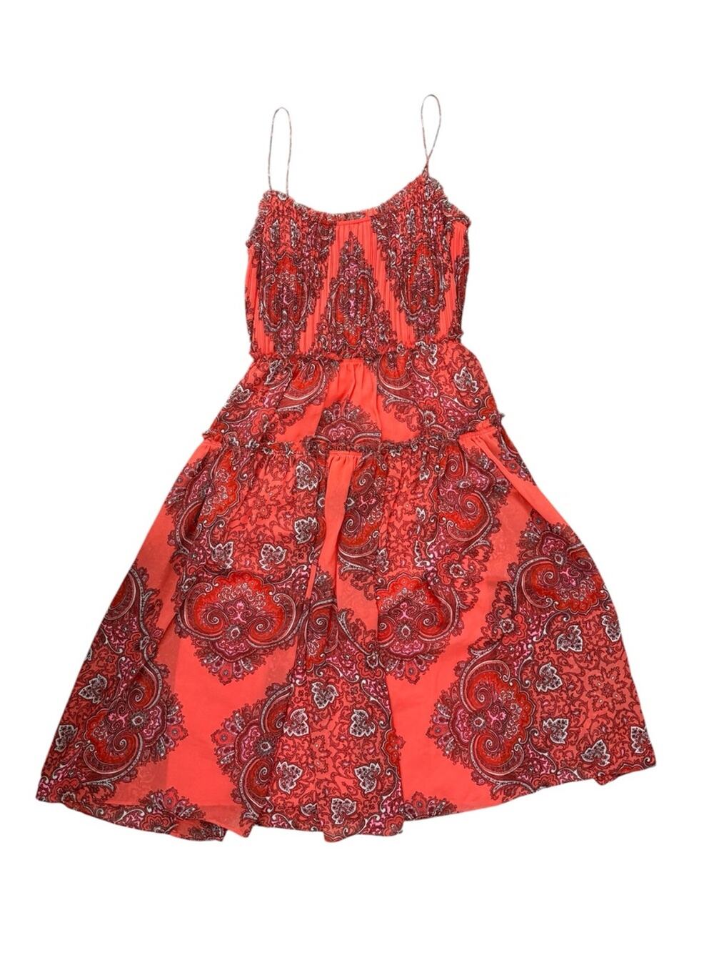 Banana Republic Paisley Strappy Midi Dress Coral Tiered Pleated Wedding Guest 2